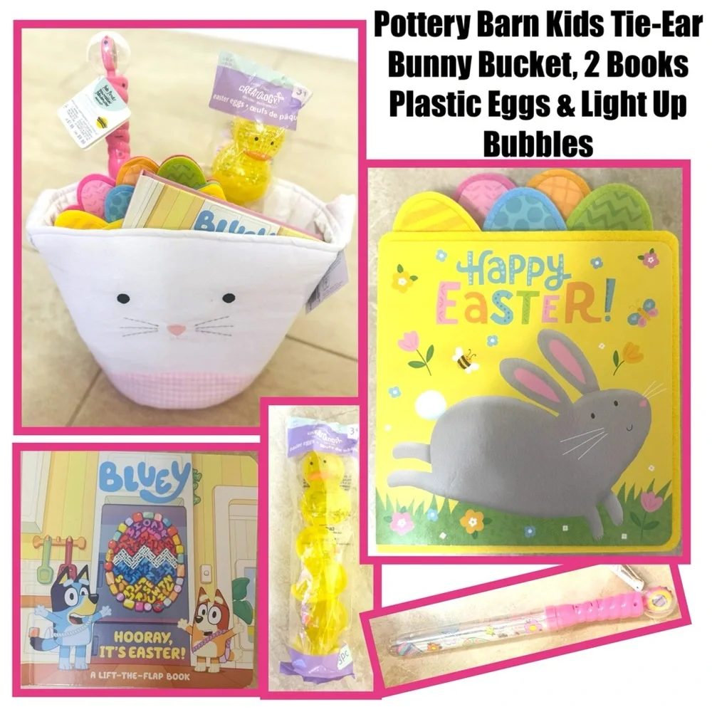 Pottery Barn Kids Tie-Ear Bunny Bucket, 2 Books Plastic Eggs & Light Up Bubbles